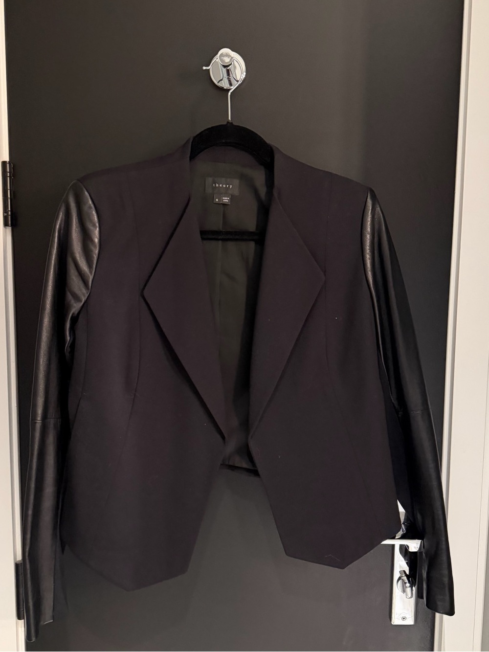 Theory Black Blazer with Leather Sleeves